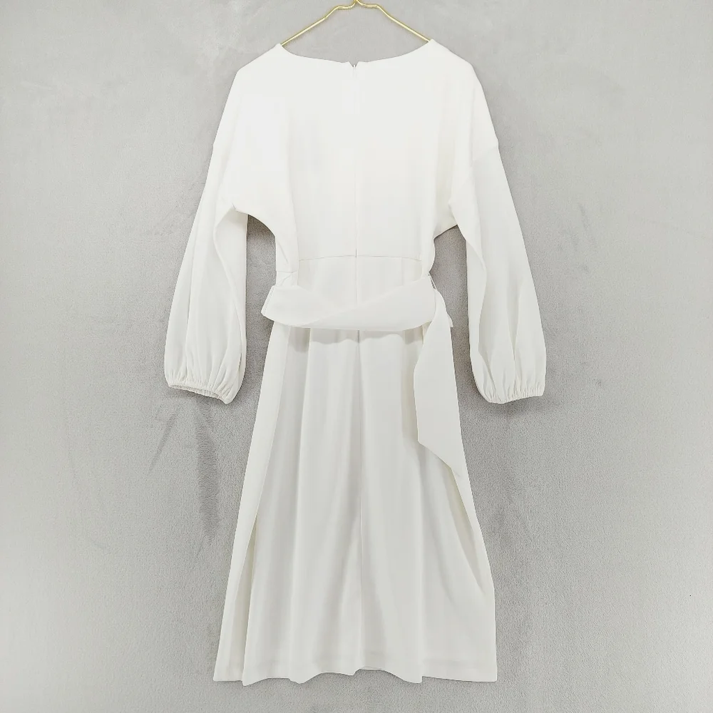 New Sachin & Babi Annie  White Crepe Sheath Belt & Blouson Sleeves Dress P4520 - Picture 8 of 11